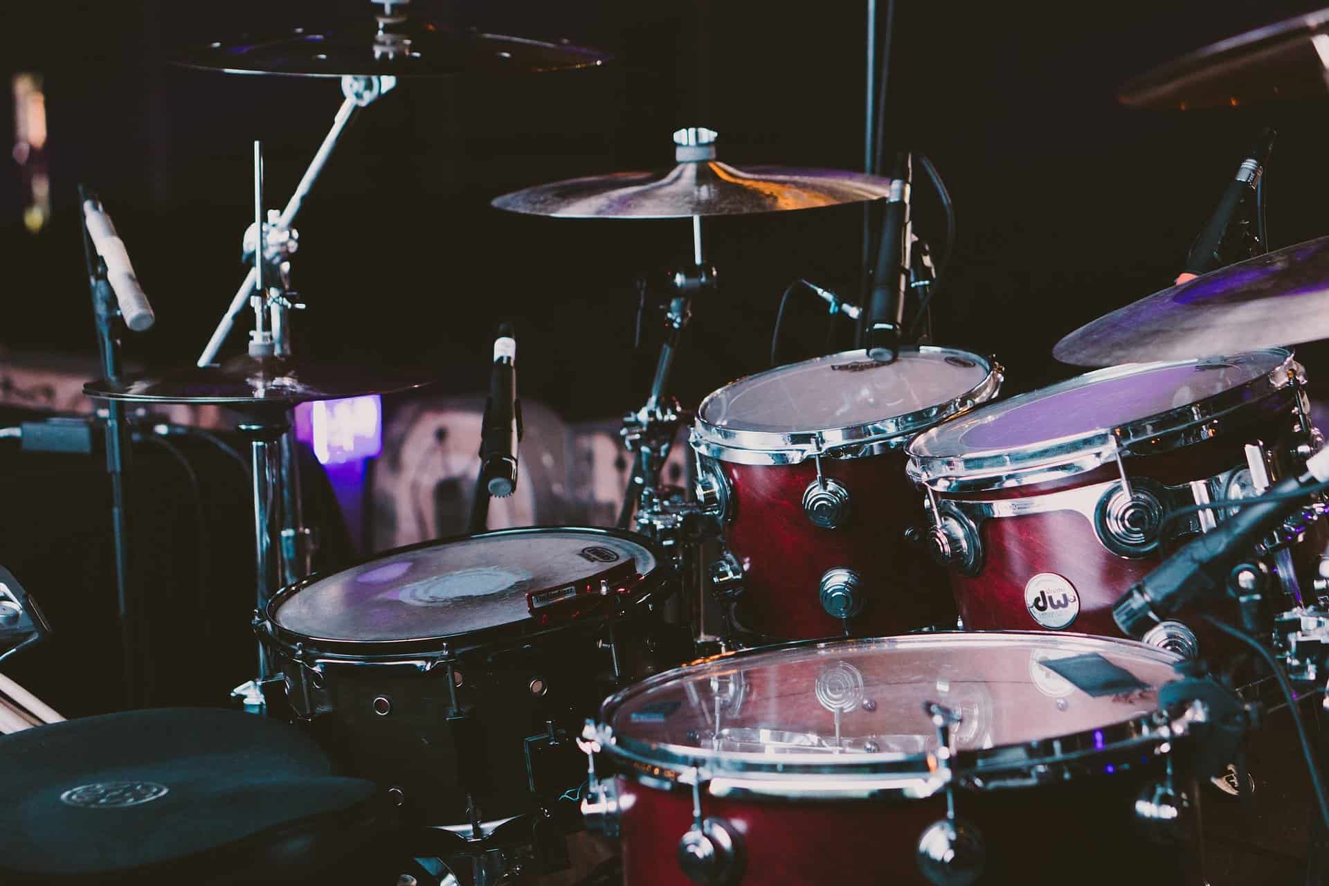 view from drum kit on stage with mics attached